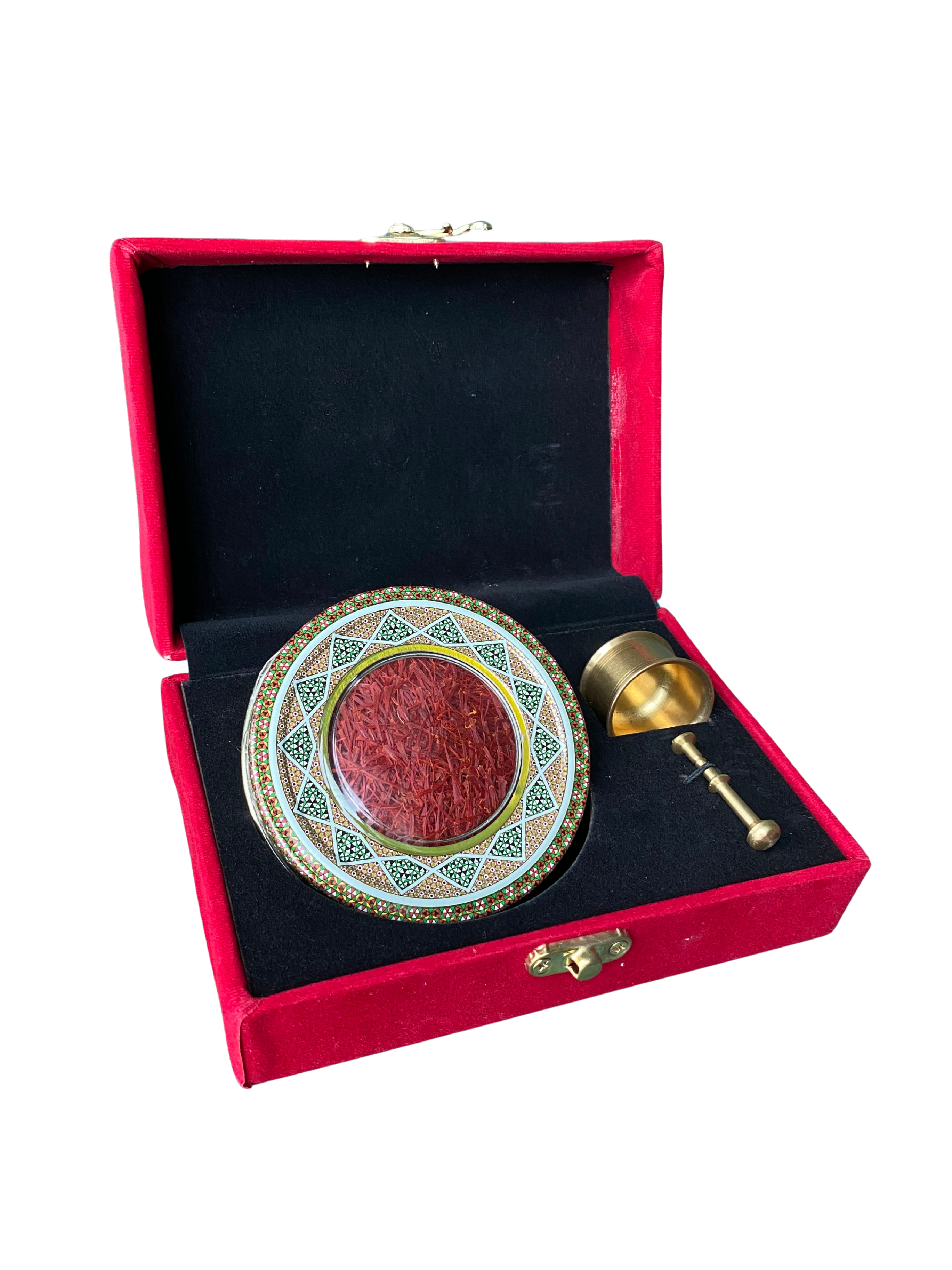 Edle Geschenkbox: Safran (3g) + Mörser in rotem Samt