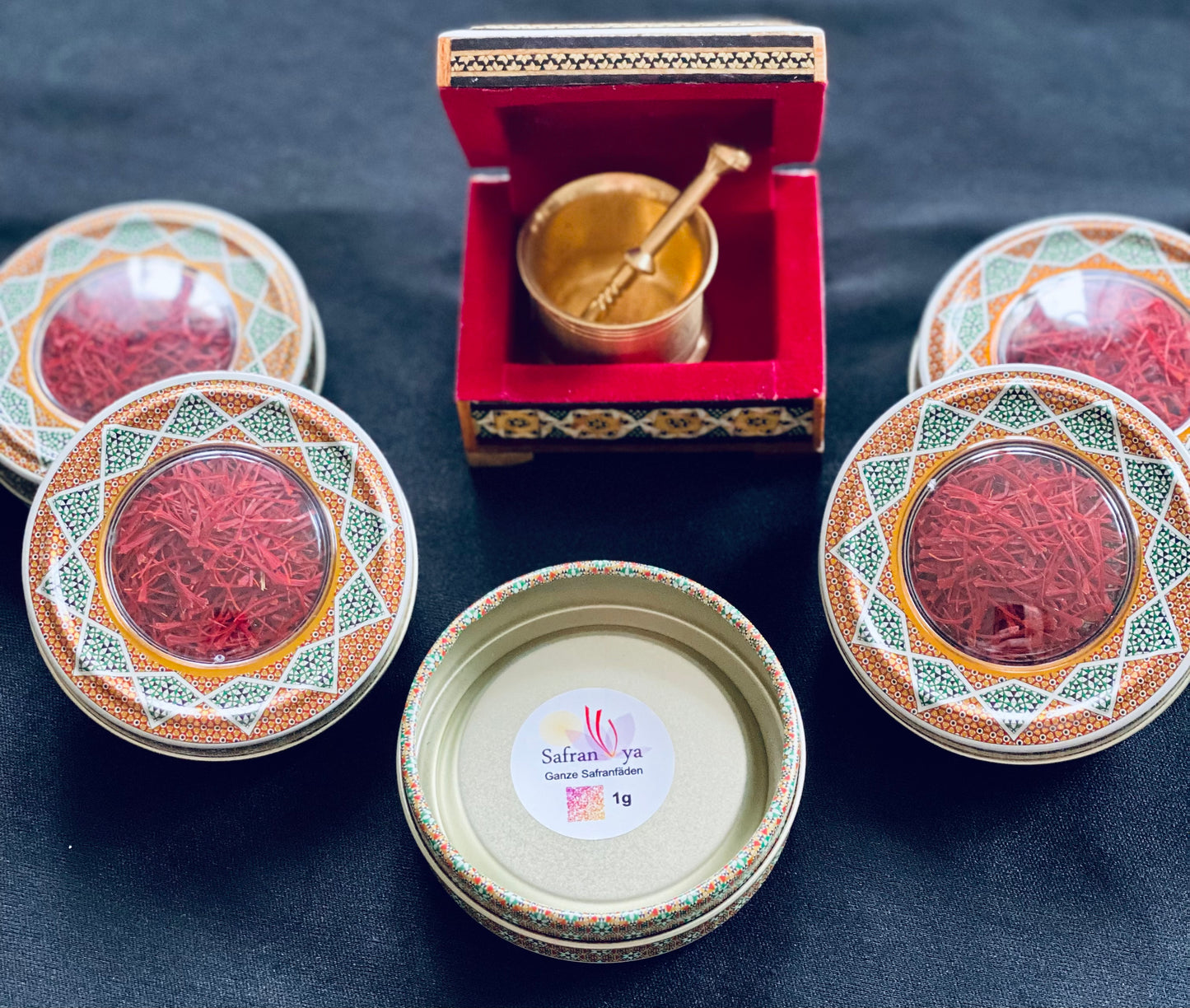 5x 1g Premium Safran in Orientalischen Boxen mit Safran Stößel
