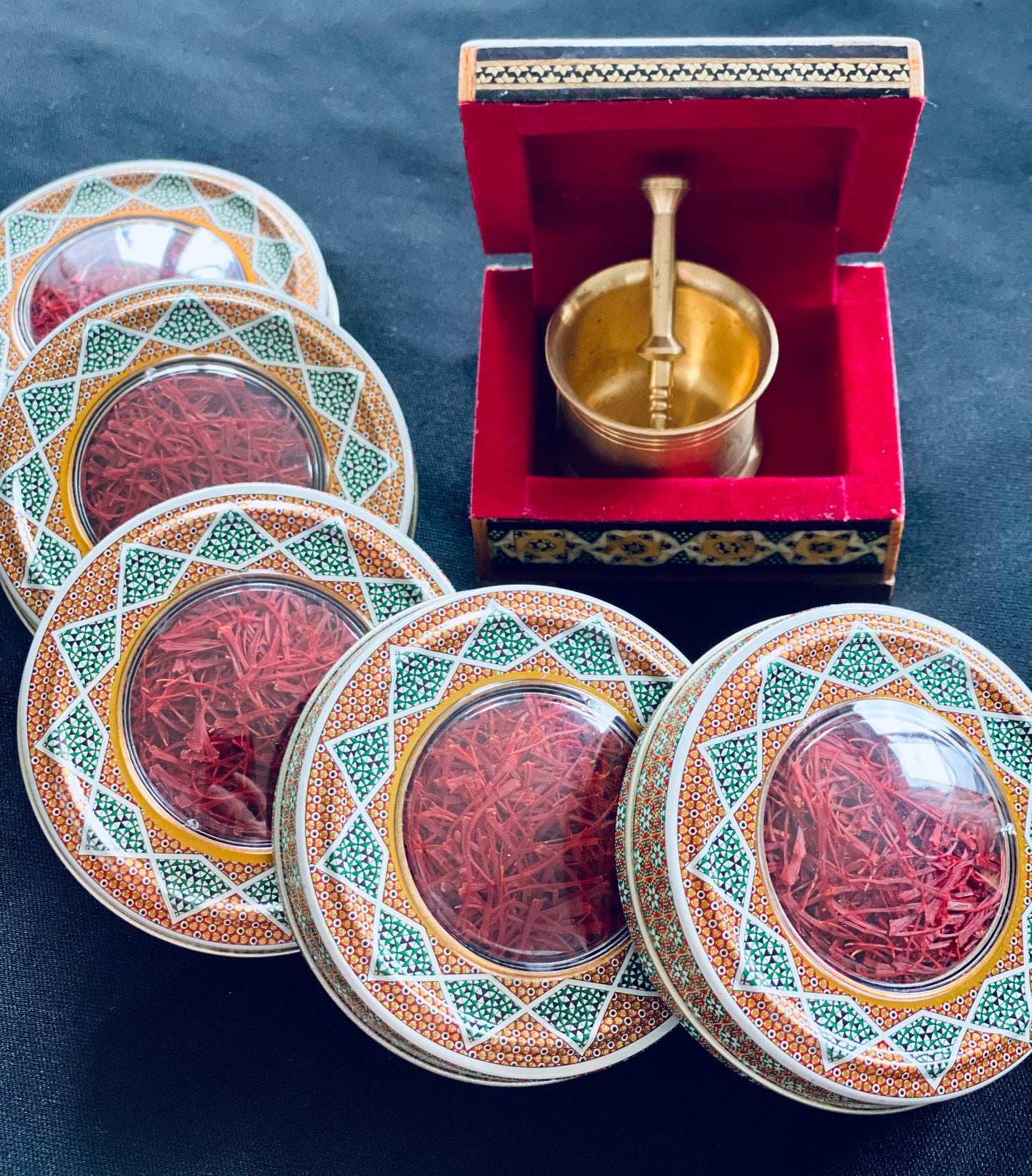 5x 1g Premium Safran in Orientalischen Boxen mit Safran Stößel