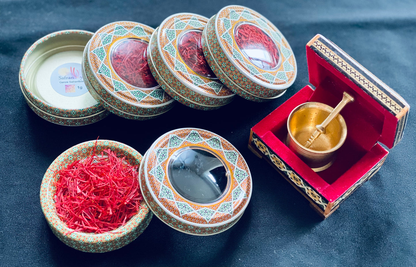 5x 1g Premium Safran in Orientalischen Boxen mit Safran Stößel