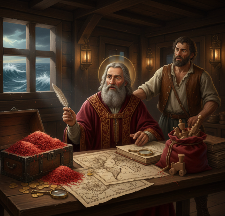 Sankt Nikolaus in Bischofskleidung und ein Seefahrer betrachten eine Seekarte auf einem Tisch mit einem Schatz an leuchtend rotem Safran, Goldmünzen und Spielzeug in einer stürmischen Kajüte.