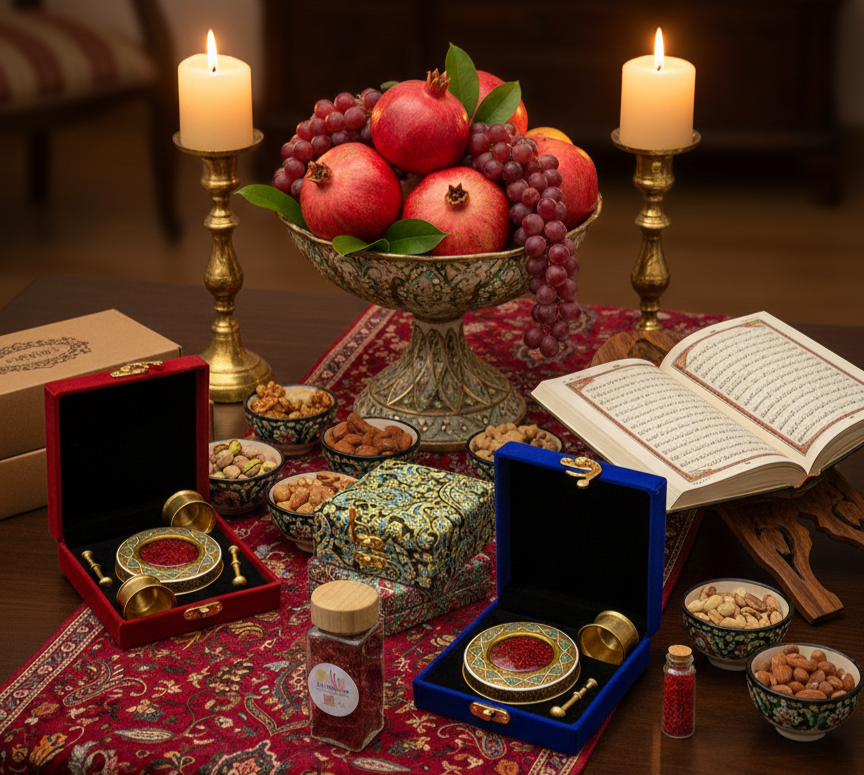 Festliche Yalda-Tafel mit Granatäpfeln und Trauben, zwei Kerzenleuchtern, Nüssen, offenem persischen Buch und Safran-Geschenkboxen auf einem roten Teppichmuster.