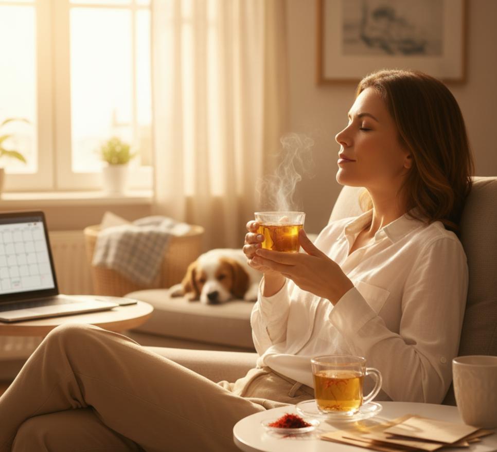 Eine Frau sitzt entspannt auf einem Sessel, hält eine dampfende Tasse Tee und riecht daran, während ein Laptop und eine weitere Tasse Tee mit Safranfäden auf Beistelltischen stehen, im Hintergrund ein schlafender Hund und ein helles Fenster.