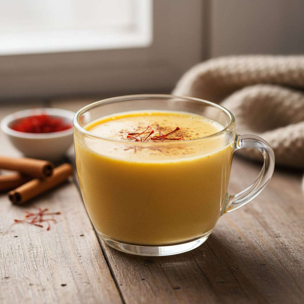 Ein goldgelbes Getränk in einem Glasbecher, bestreut mit Safranfäden, steht auf einem Holztisch, umgeben von Zimtstangen und Safran in einer Schale.