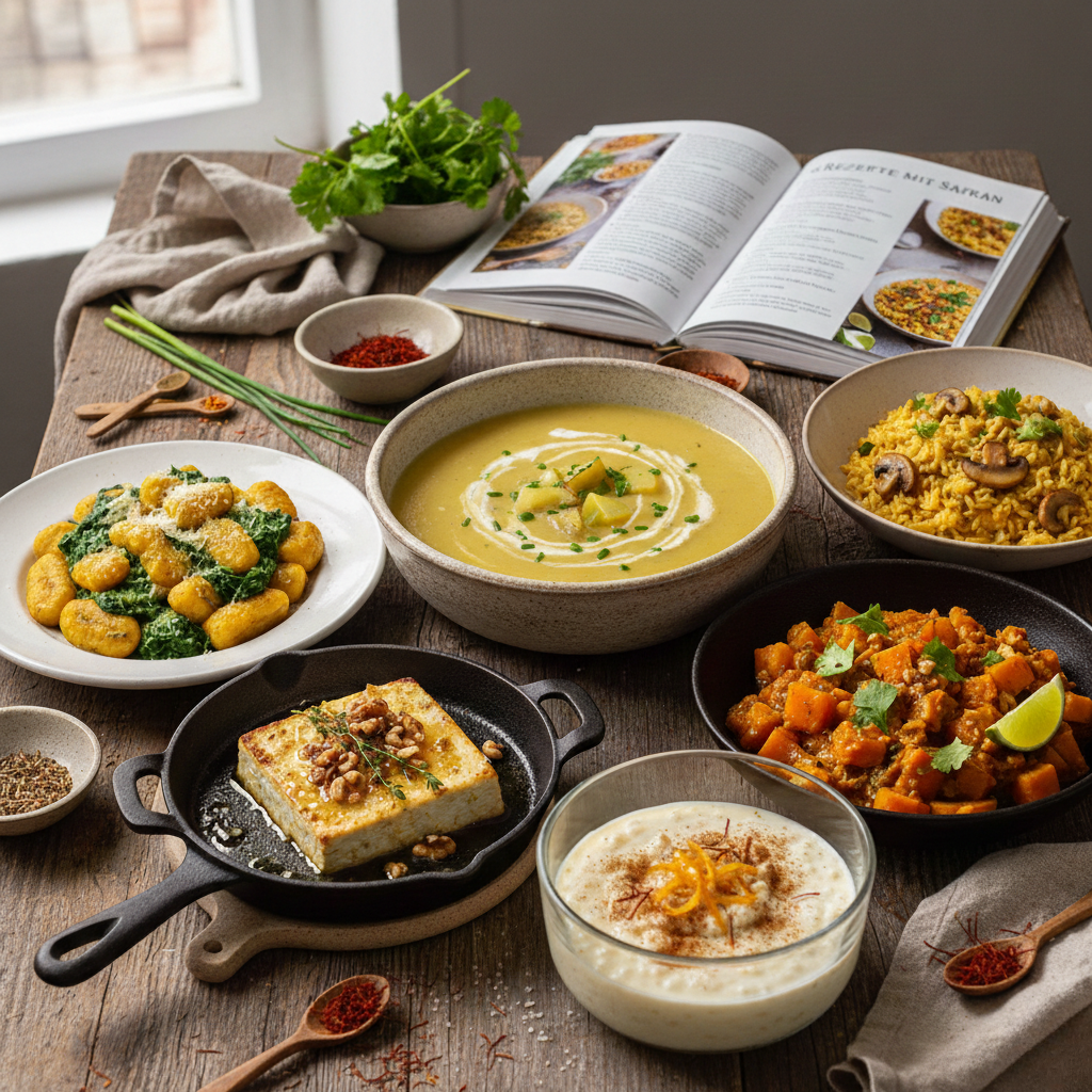 Das Bild zeigt eine appetitliche Auswahl von sechs verschiedenen Safran-Gerichten, die harmonisch auf einem rustikalen Holztisch angerichtet sind.