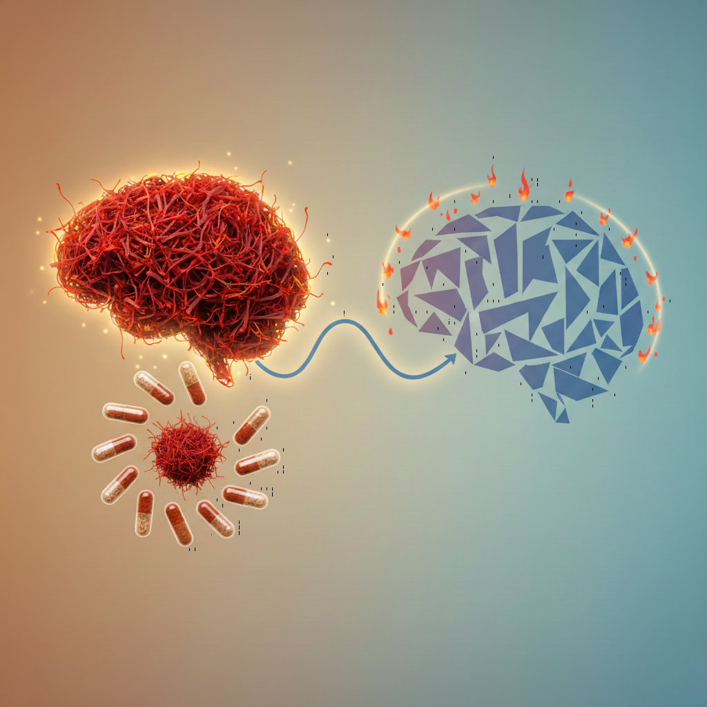 Das Bild illustriert die potenzielle Wirkung von Safran auf das ADHS-Gehirn, indem es ein leuchtendes, aus Safranfäden geformtes Gehirn zeigt, das beruhigende Impulse an ein fragmentiertes, "überhitzt" wirkendes Gehirn sendet.
