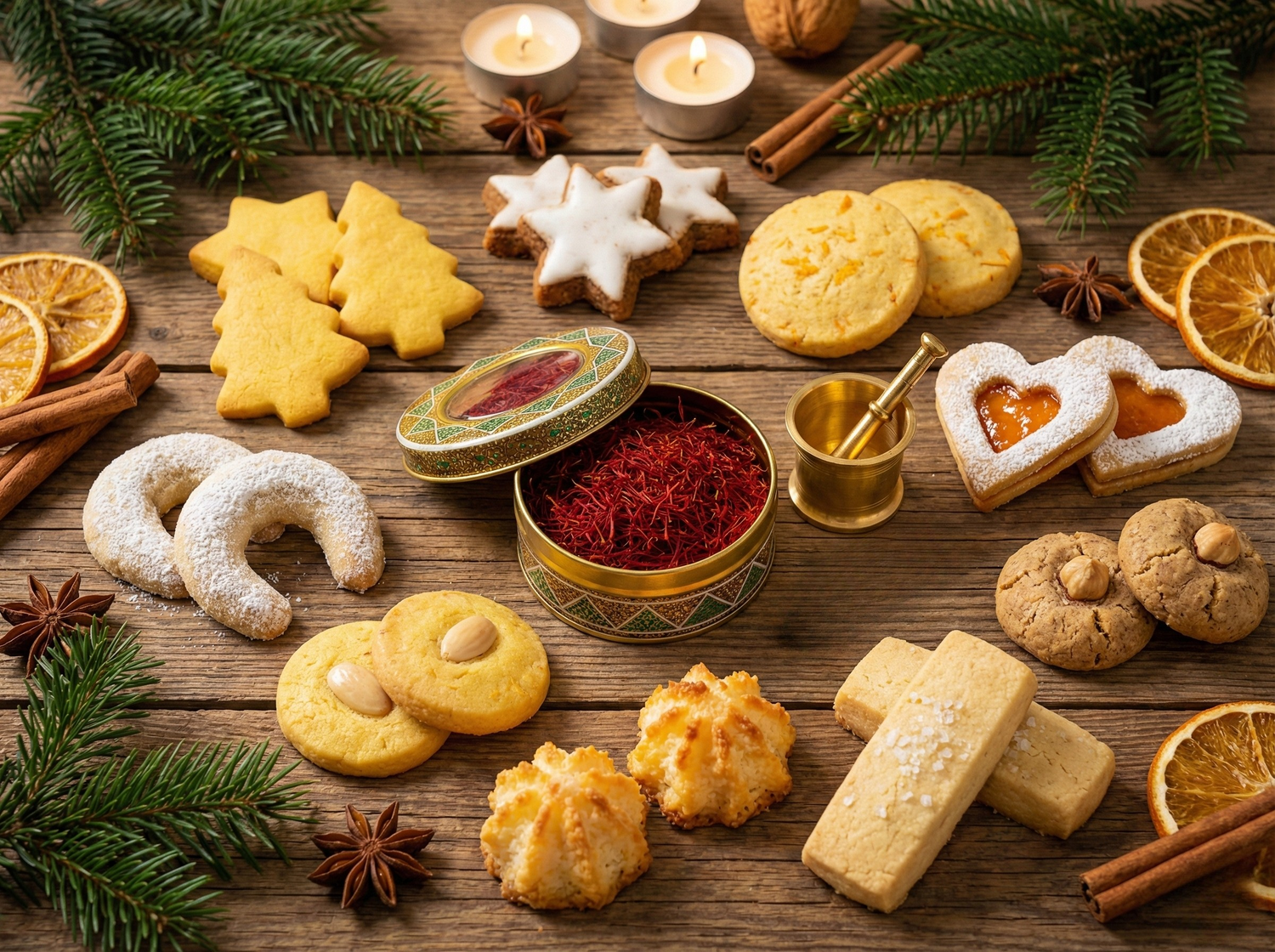 Safran-Weihnachtsplätzchen auf einem Holztisch, arrangiert um eine offene Dose mit Safranfäden und Mörser.