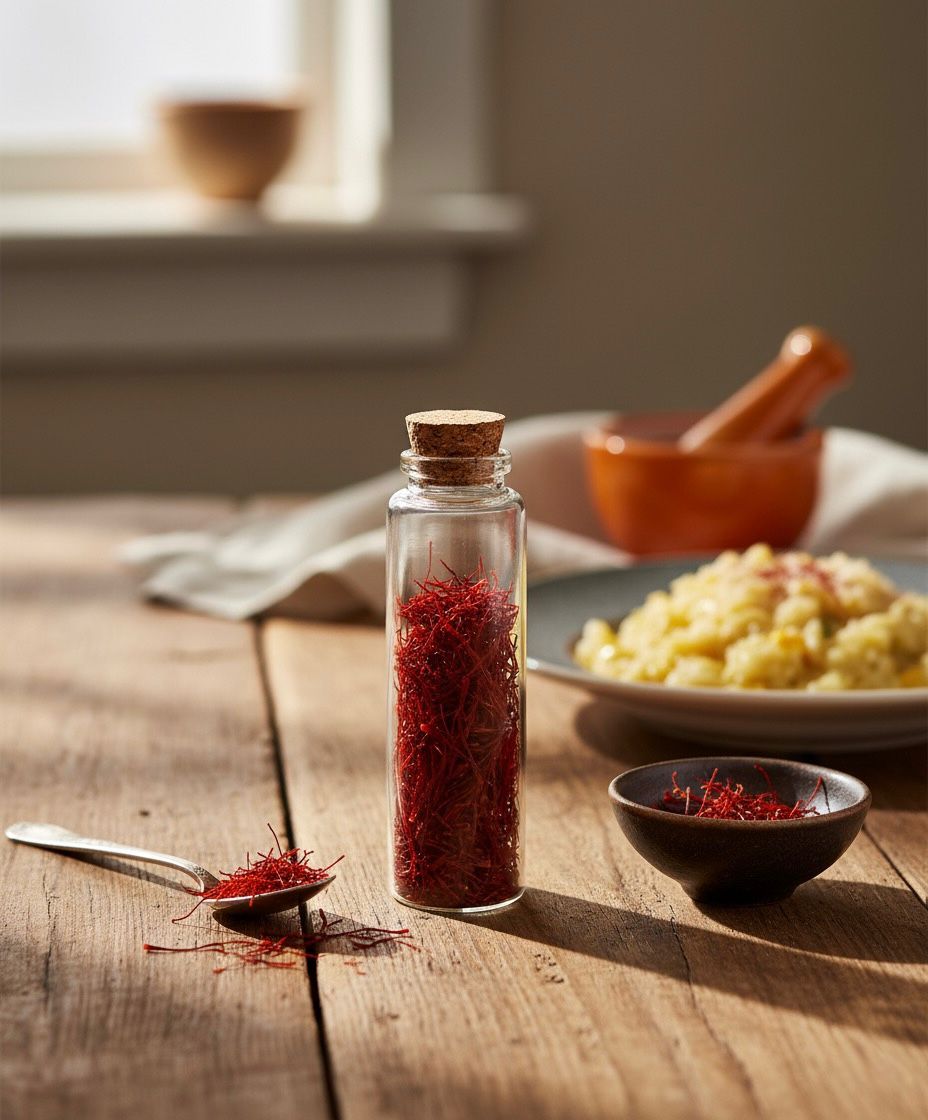 Herbstlich gedeckter Tisch mit drei goldgelben Safran-Gerichten – Kürbissuppe, Risotto und Dessert – angerichtet in Schalen und Tellern von oben fotografiert.