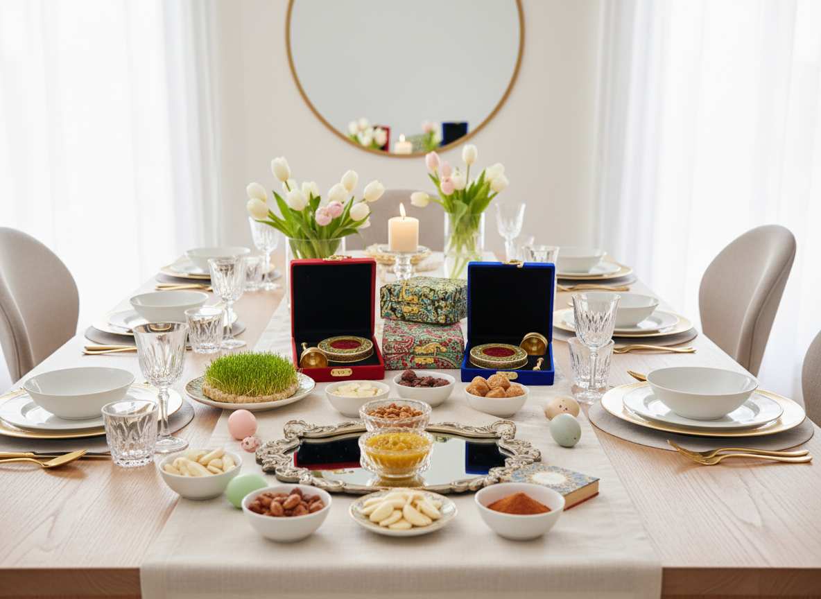 festlich gedeckter Nowruz Tisch mit Safran Geschenkboxen