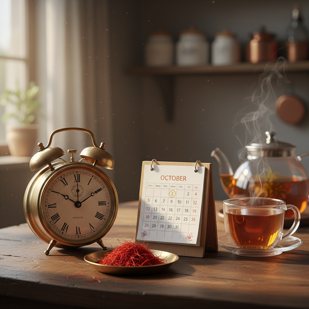 Erstelle einen kurzen Alt_text für das Bild  Ein goldener Wecker und ein Oktoberkalender stehen auf einem Holztisch, daneben eine Schale mit Safranfäden und eine dampfende Tasse Tee mit Teekanne im Hintergrund.