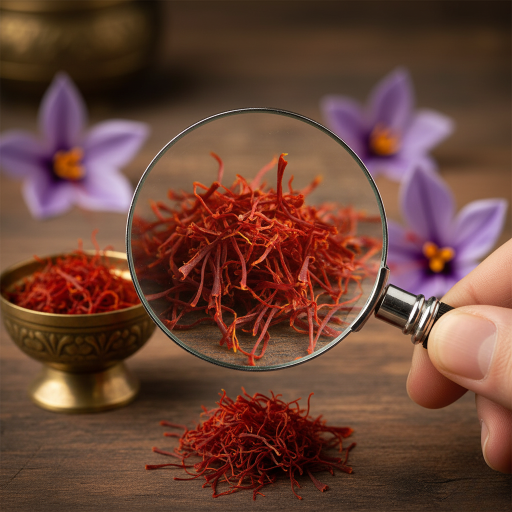 Nahaufnahme von roten Safranfäden, die durch eine Lupe vergrößert werden, daneben eine kleine goldene Schale mit Safran und unscharfe violette Safranblüten im Hintergrund