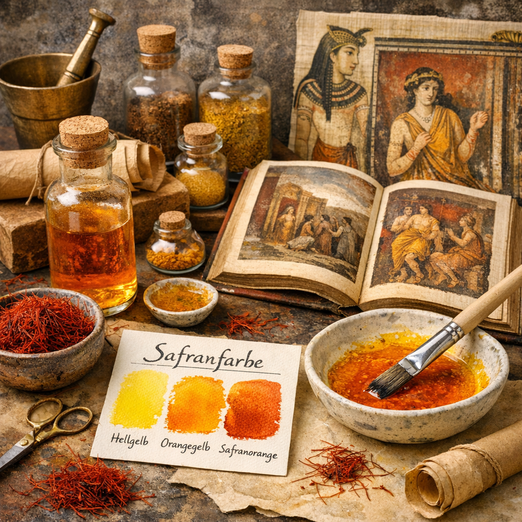 Stillleben mit Safranfäden, Safranextrakt, Aquarell-Pinsel und Farbfeldern in Gelb- und Orangetönen sowie historischen Bildmotiven zur Nutzung von Safran als Naturfarbstoff.