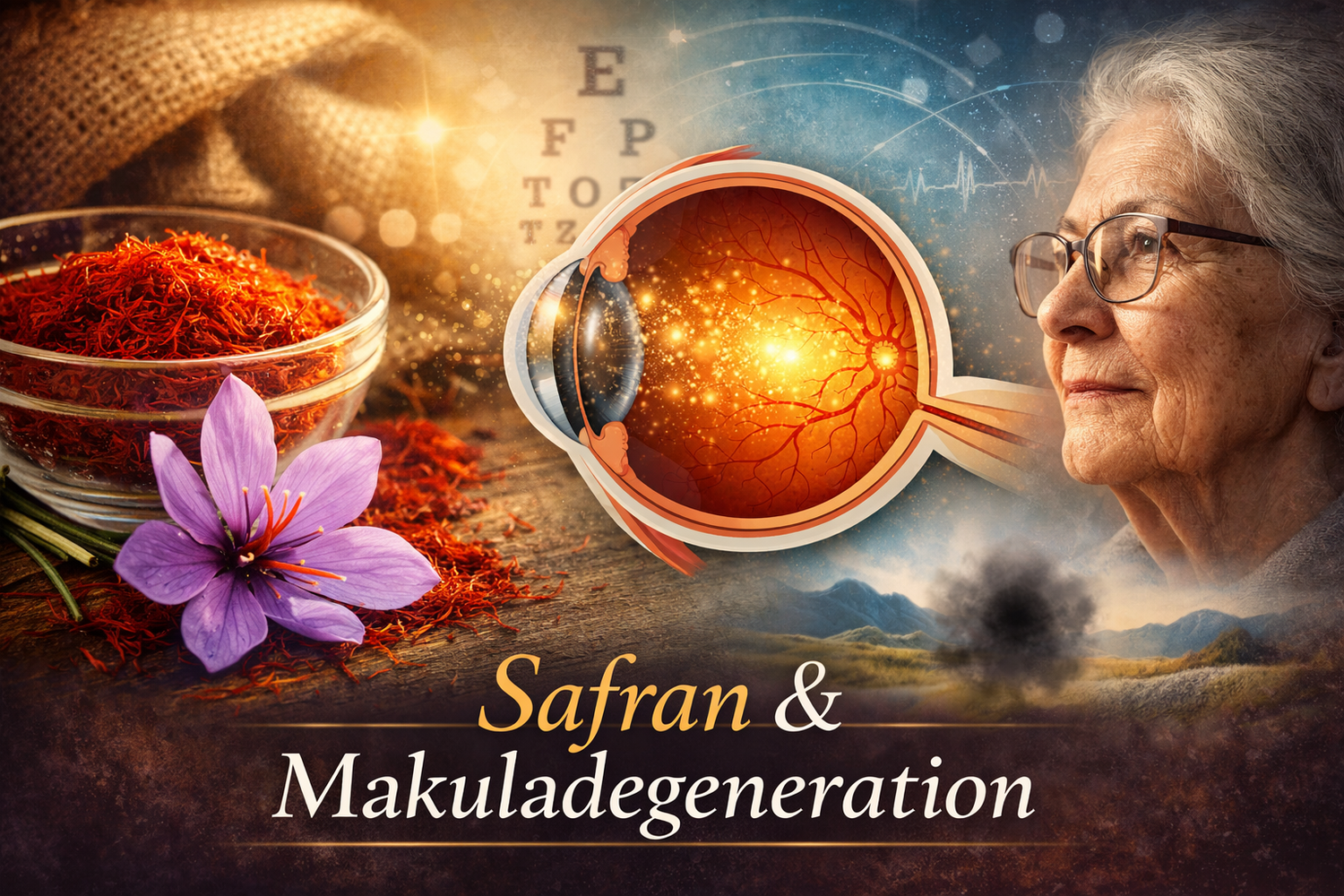 Ein großes Auge im Querschnitt, Safran und eine gealterte Frau zeigen das Bild zum Thema Safran&Makuladegeneration