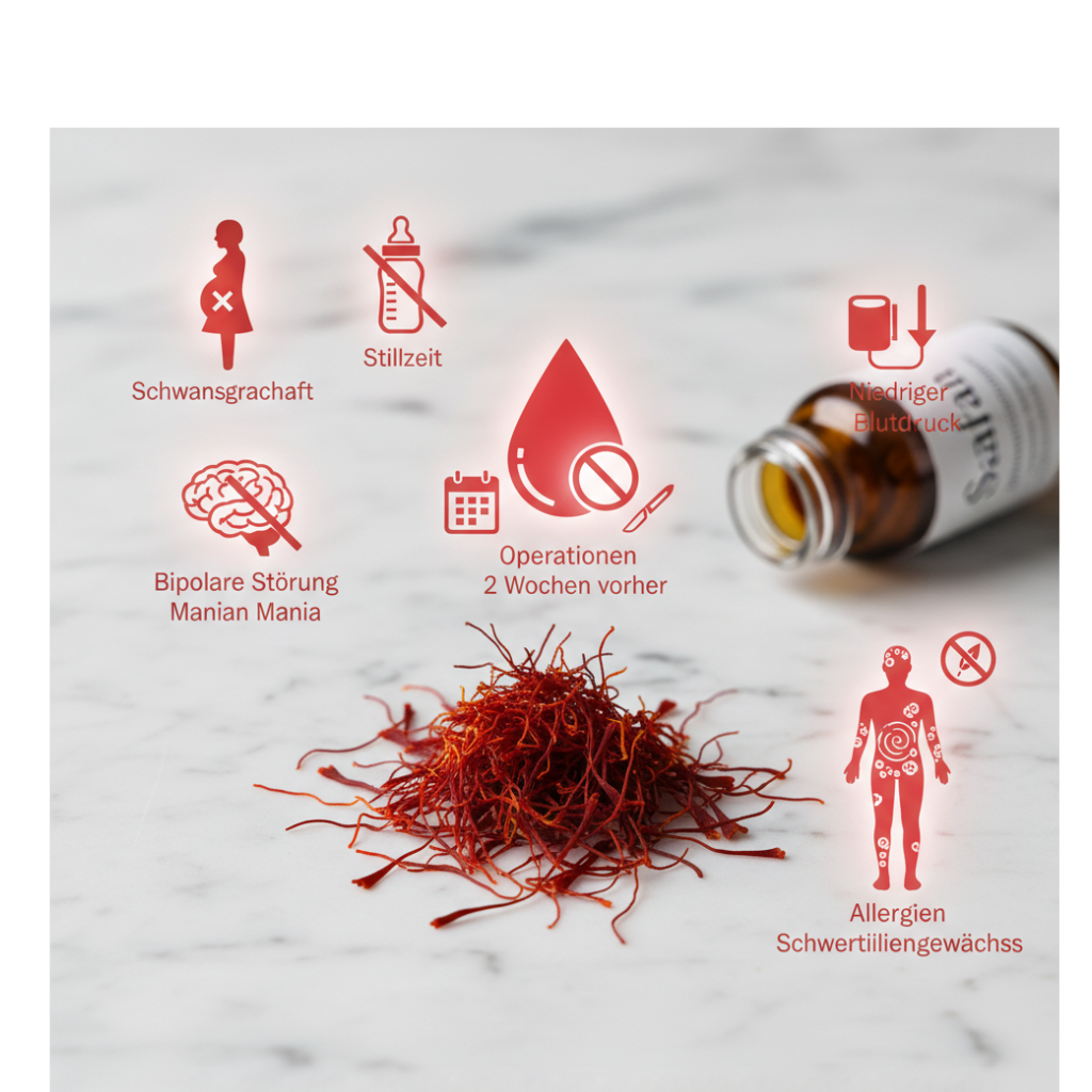 Ein Bild, das die Risiken von Safran darstellt, mit Icons für Schwangerschaft, Stillzeit, bipolare Störung, niedriger Blutdruck, Operationen und Allergien, um einen Haufen Safranfäden herum angeordnet.