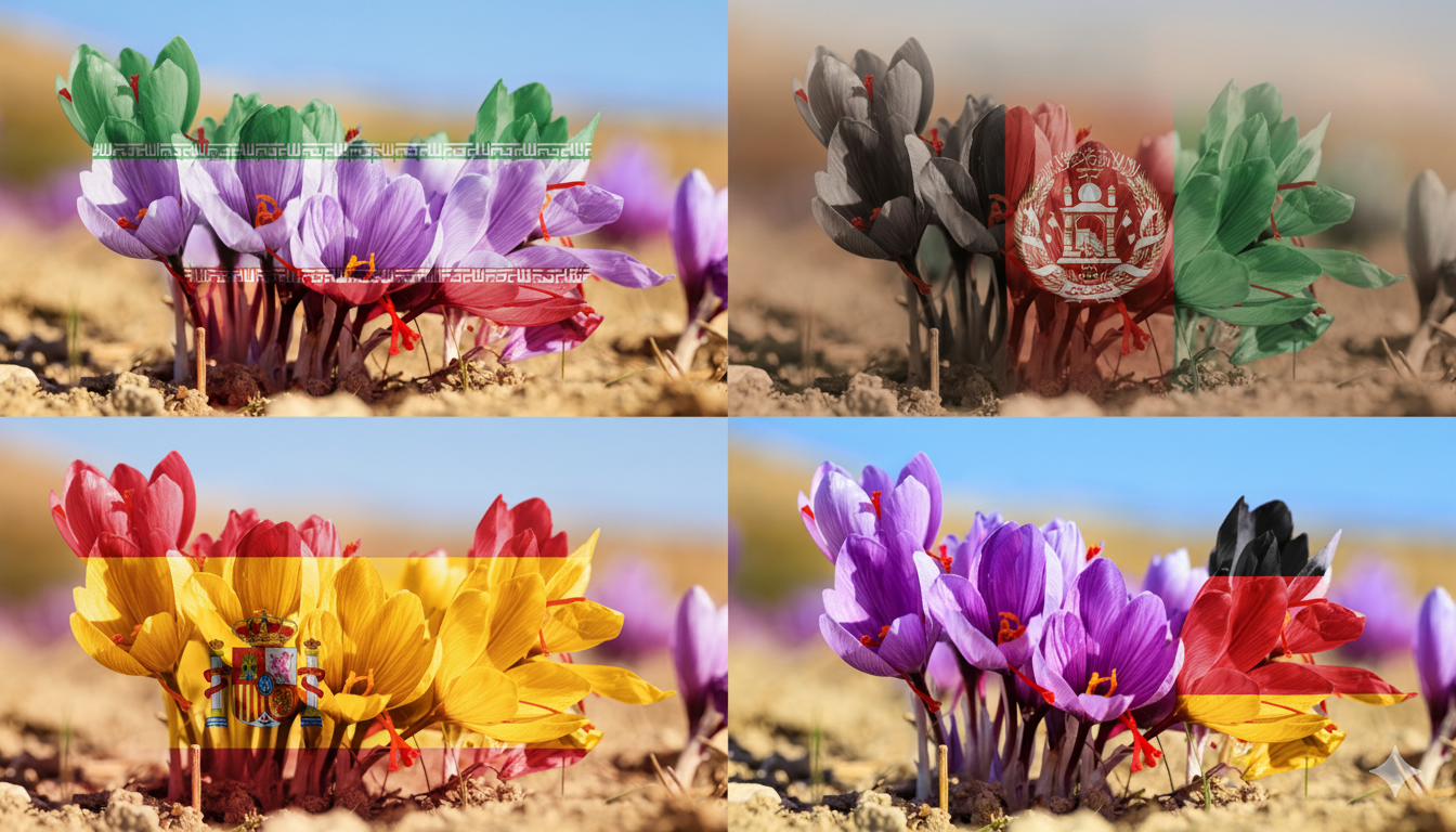 Collage aus vier Safranfeldern mit blühenden Krokussen, überlagert von den Flaggen des Iran, Afghanistans, Spaniens und Deutschlands als Symbol für verschiedene Safran-Herkunftsländer.