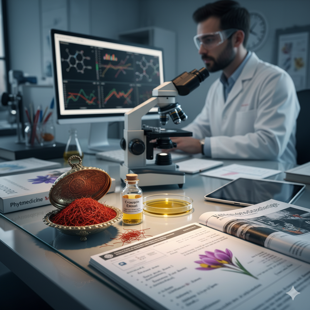 Wissenschaftler im Labor mit Mikroskop, im Vordergrund eine Schale voller Safranfäden, ein Fläschchen mit Crocin-Extrakt, Petrischale und wissenschaftliche Unterlagen zur Safranforschung