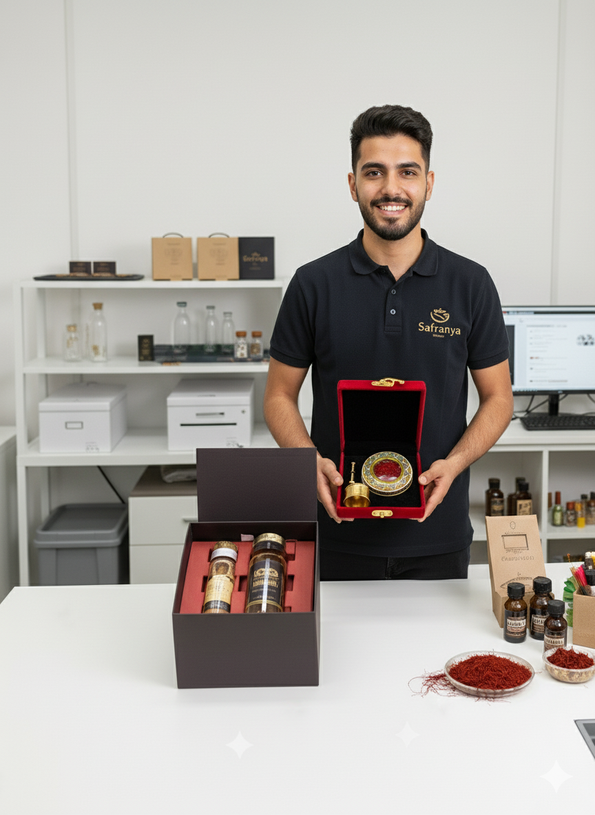 Ein lächelnder junger Mann in einem Safranya-Poloshirt hält eine offene rote Geschenkbox mit Safranprodukten, während auf dem Tisch weitere Safranya-Geschenkboxen und lose Safranfäden liegen, im Hintergrund ein ordentliches Büroregal.
