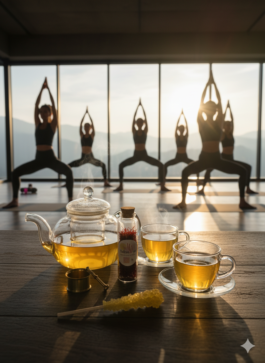 Gläserne Teekanne und Tassen mit dampfendem Safrantee neben einem Safranfläschchen im Vordergrund, im Hintergrund eine Gruppe Menschen bei Yogaübungen vor großen Panoramafenstern im Sonnenaufgang.