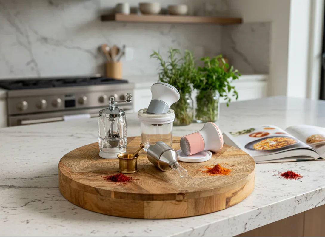Eine Auswahl an Gewürzmühlen und Reiben ist auf einem Holzbrett in einer modernen Küche arrangiert, umgeben von Safran, Paprika und einem Kochbuch.