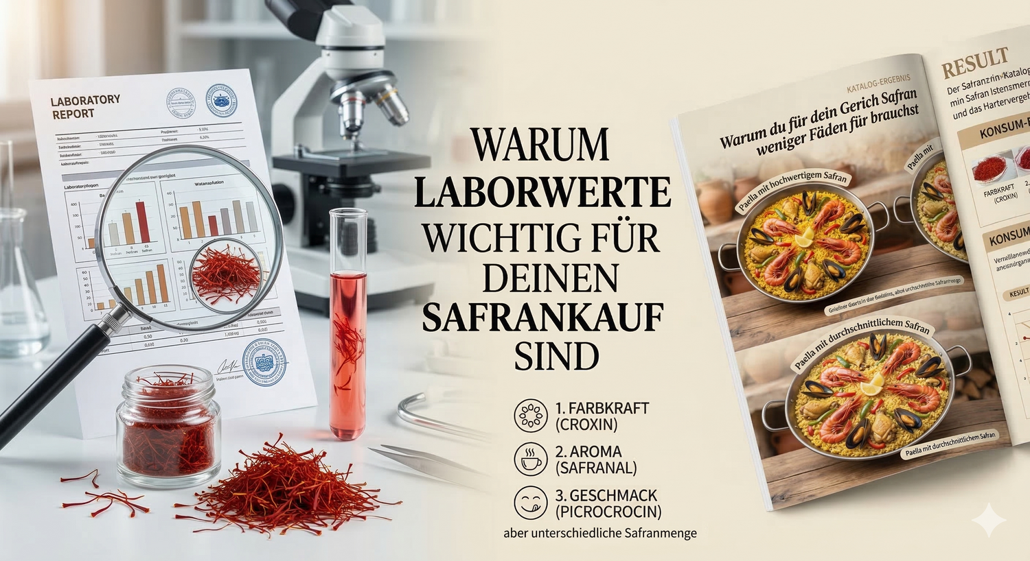 Ein modernes Labor-Setting, das die Verbindung zwischen der wissenschaftlichen Qualitätssicherung von Safran und dem Endprodukt zeigt, mit deutschen Textüberschriften und einem Paella-Beispiel.