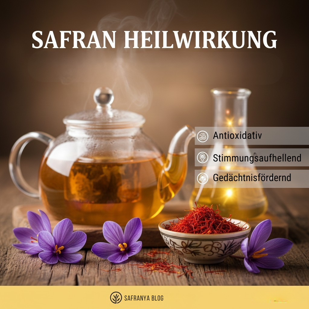 Eine Teekanne mit Safrantee arrangiert mit Safranblüten und einem Schälchen mit Safranfäden mit der Überschrift Safran Heilwirkung