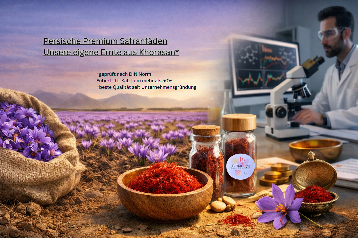 Safrananbau, Laboranalyse und Endprodukt Safranfäden von Safranya