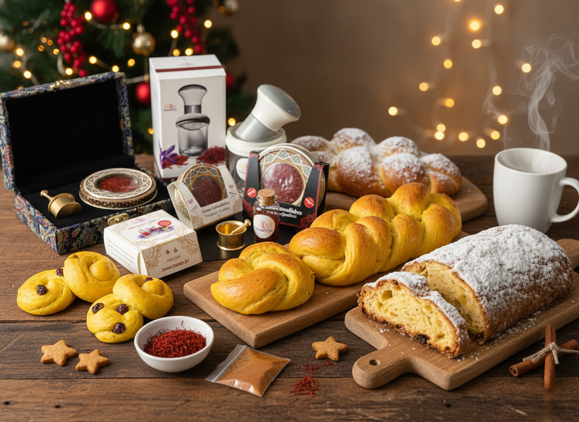 Eine weihnachtliche Szene mit verschiedenen Safranprodukten und -gebäcken auf einem Holztisch, darunter Lussekatter, Hefezöpfe und ein Stollen, im Hintergrund ein festlich geschmückter Weihnachtsbaum und Lichterketten.