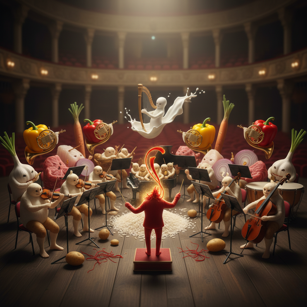 Ein Orchester, gespielt von Essenszutaten. Der Dirigent ist ein starker Safranfaden.