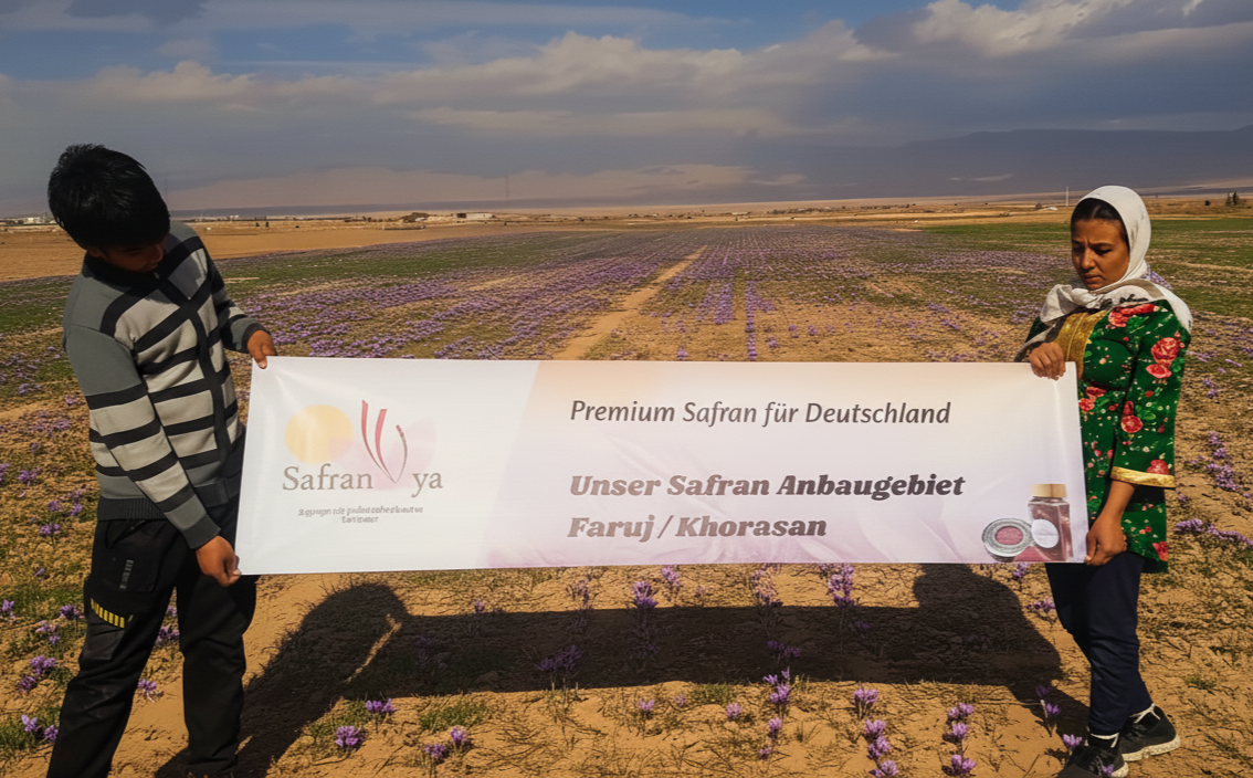 Ein Bild, das zwei Personen auf einem Safranfeld in Faruj, Khorasan, zeigt. Sie halten ein weißes Banner mit der Aufschrift "Premium Safran für Deutschland - Unser Safran Anbaugebiet Faruj / Khorasan