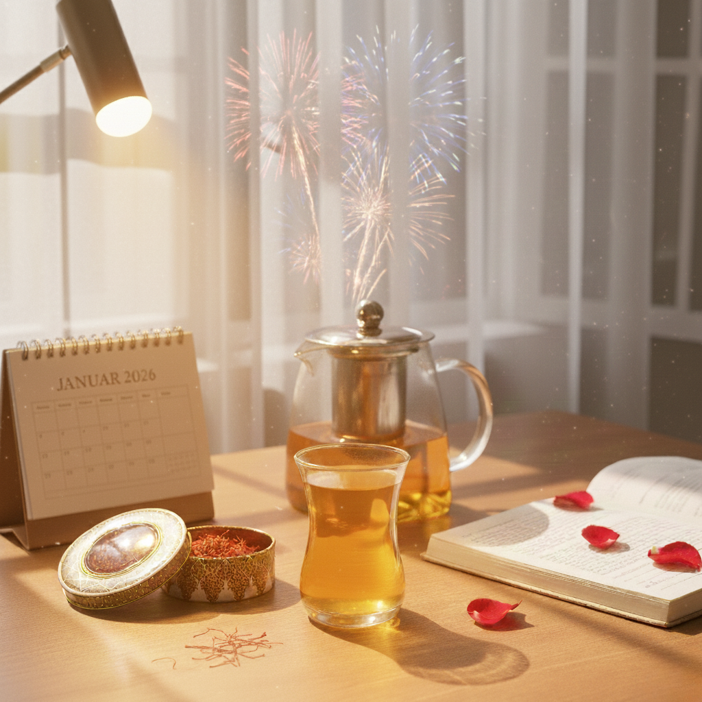 Persischer Safrantee als gesundes Neujahrs-Ritual 2026: Goldenes Teegetränk mit Safranfäden auf einem Schreibtisch mit Kalender, Buch und Silvester-Feuerwerk im Hintergrund