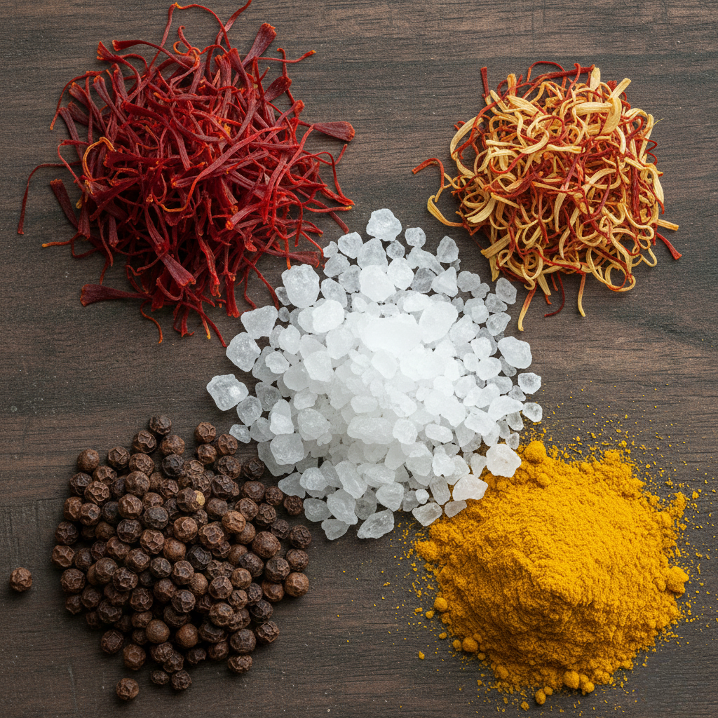  Fünf verschiedene Gewürzhaufen, darunter hochwertiger tiefroter Safran und minderwertige helle Safranfäden, sind kontrastreich auf einer dunklen Holzoberfläche arrangiert.