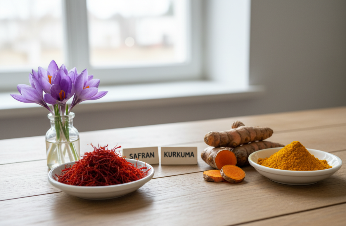 Auf einem Holztisch stehen eine Vase mit lila Krokusblüten, eine Schale mit Safranfäden, Holzwürfel mit der Aufschrift "Safran" und "Kurkuma", frische Kurkumawurzeln und eine Schale mit Kurkumapulver, alles vor einem Fenster.
