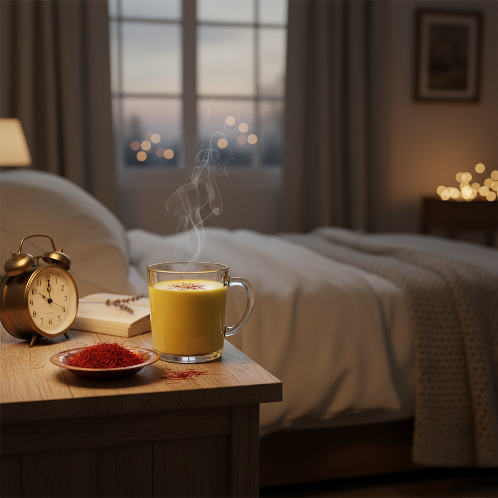 Gemütliches Schlafzimmer mit Nachttisch, darauf eine dampfende Tasse goldene Safran-Milch, ein Teller mit Safranfäden und eine goldene Weckeruhr, im Hintergrund ein ungemachtes Bett bei Abendstimmung.