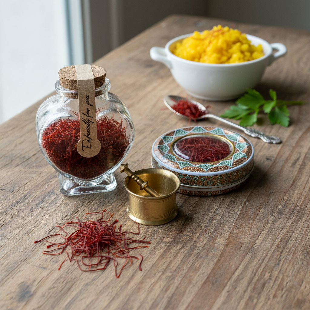 Ein herzförmiges Glasgefäß voller Safranfäden mit einem "Especially for you"-Etikett steht auf einem Holztisch, umgeben von einem Mörser, einer verzierten Dose, einem Löffel und einer Schüssel mit Safranreis im Hintergrund.