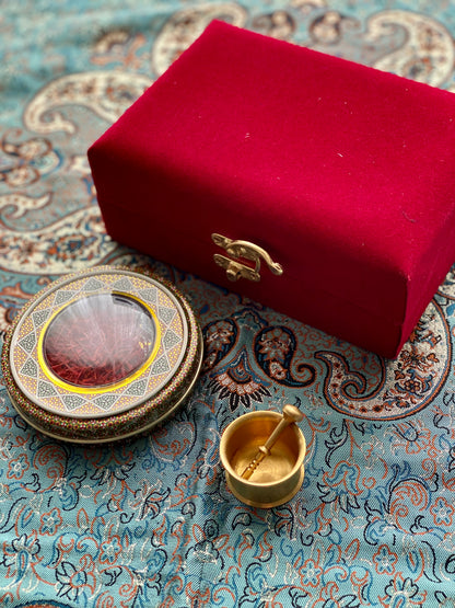 Edle Geschenkbox: Safran (3g) + Mörser in rotem Samt