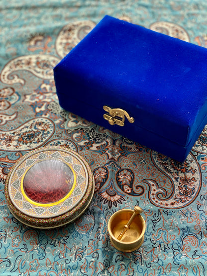 Edle Geschenkbox: Safran (3g) + Mörser in blauem Samt