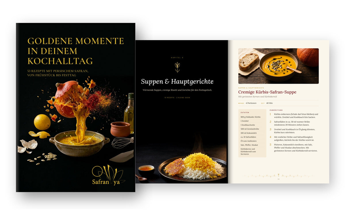 Kochbuch „Goldene Momente in deinem Kochalltag“: 53 Rezepte mit persischem Safran (Vorbestellung)