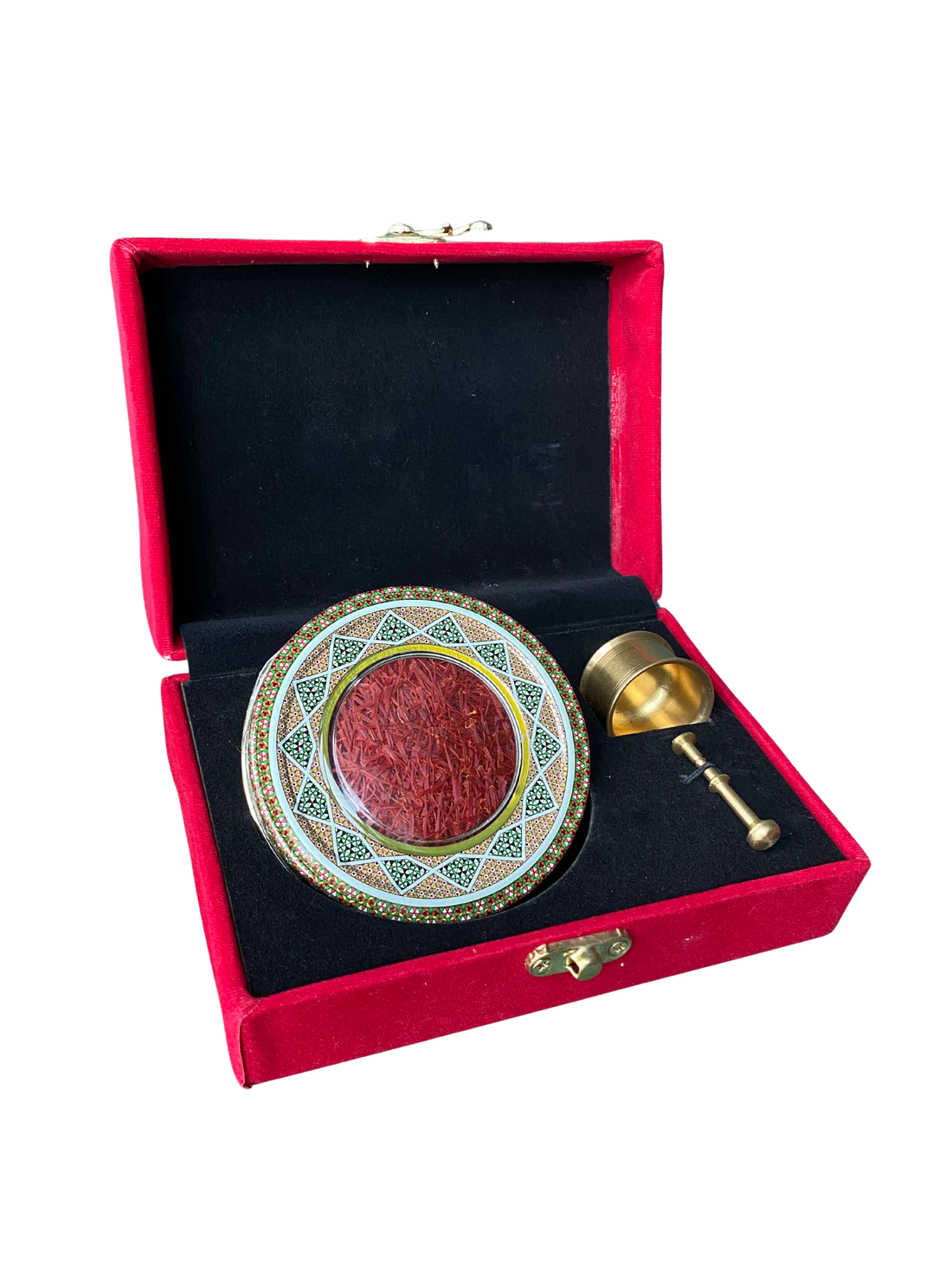 Edle Geschenkbox: Safran (3g) + Mörser in rotem Samt