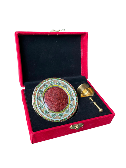 Edle Geschenkbox: Safran (3g) + Mörser in rotem Samt