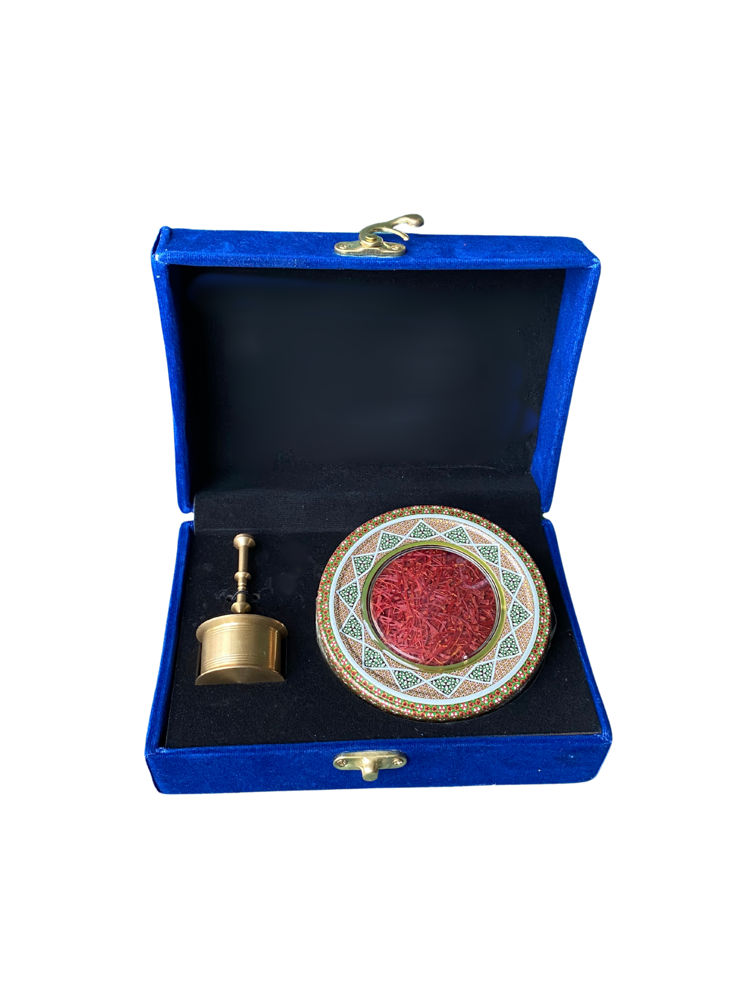 Elegant gift box: Saffron (3g) + mortar and pestle in blue velvet