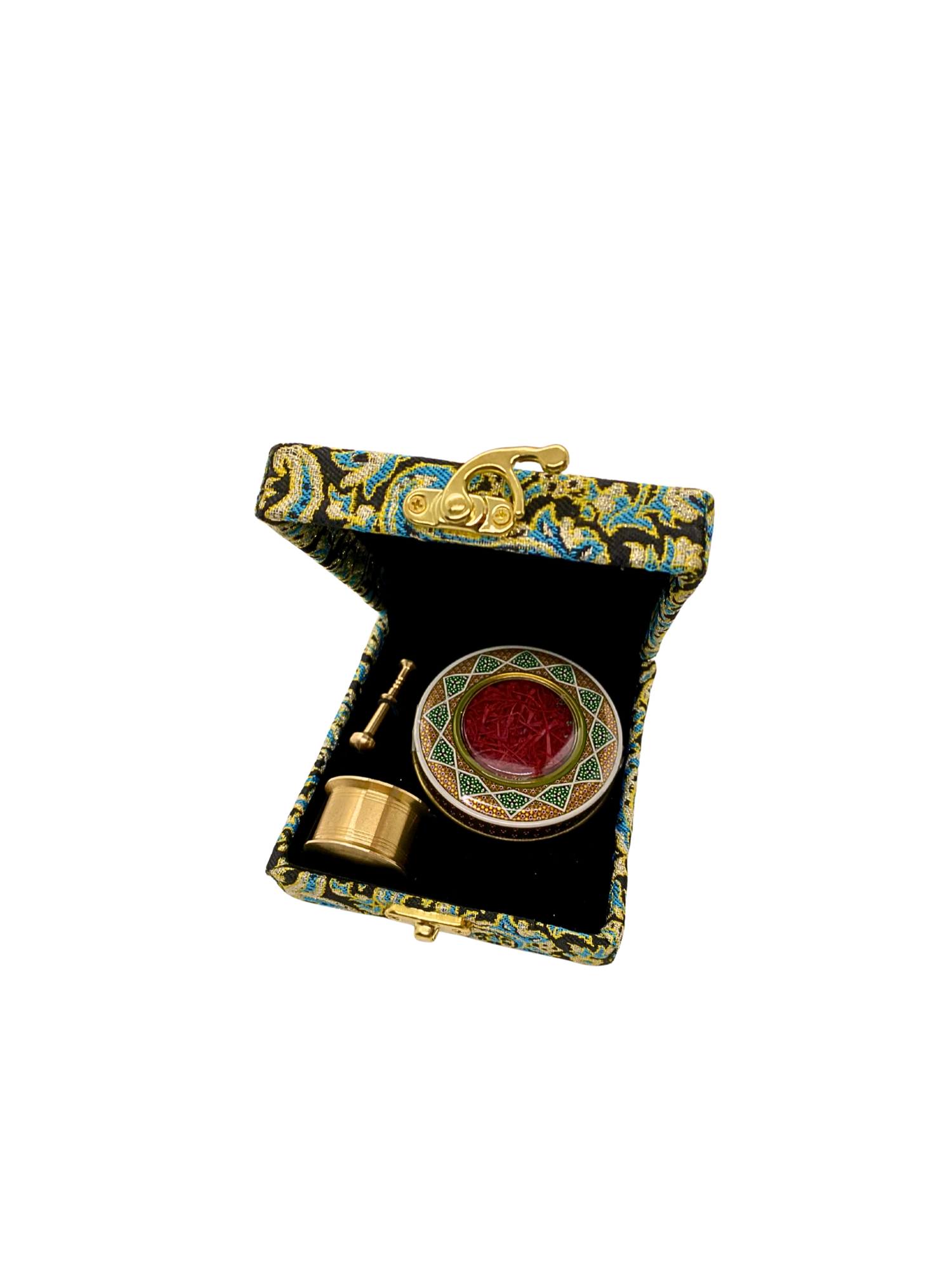 Edle Geschenkbox (schwarz-blau-gold Muster): Super Negin Safran (1g) + Mörser