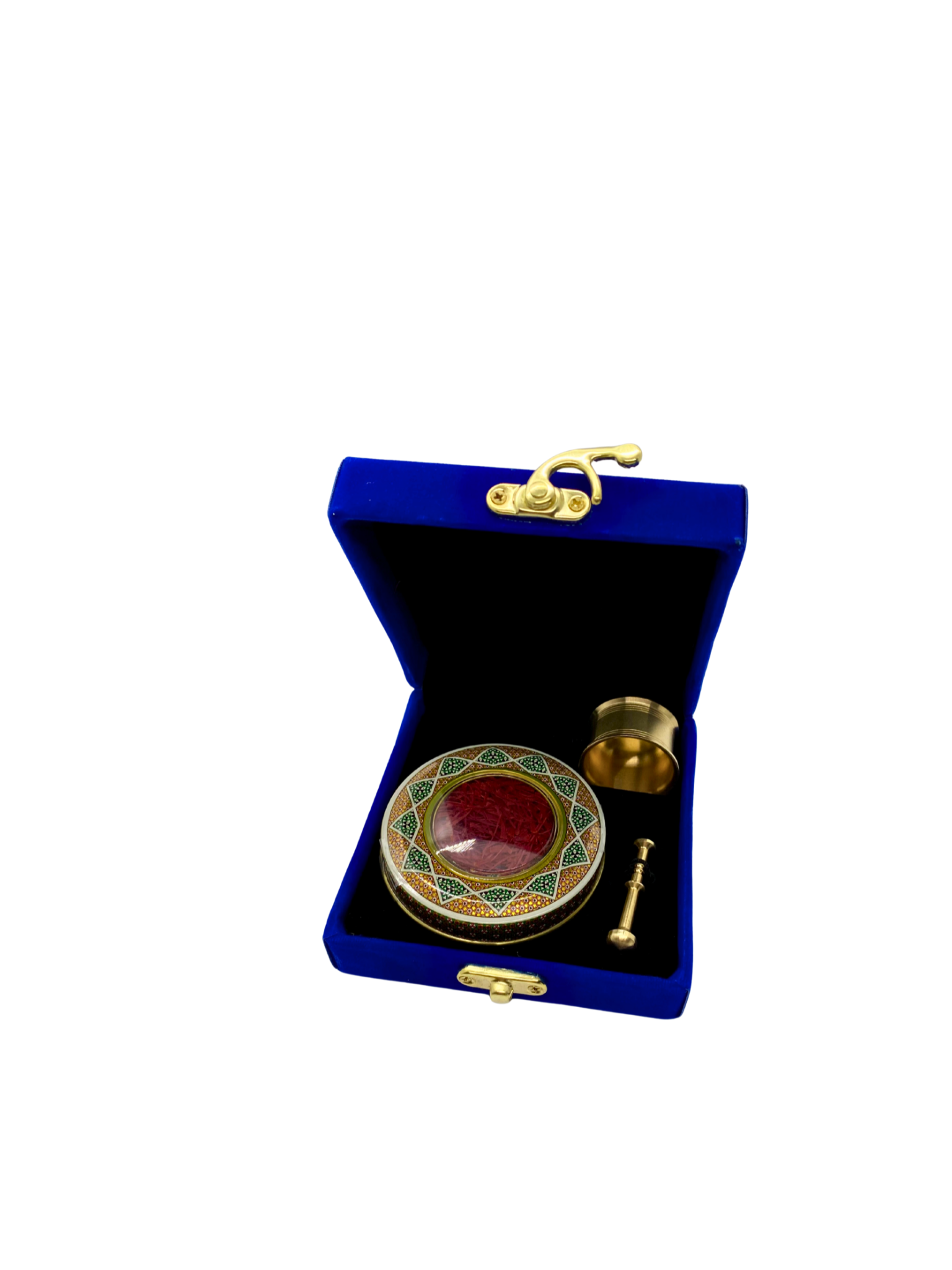Elegant gift box (blue velvet): Super Negin saffron (1g) + mortar and pestle