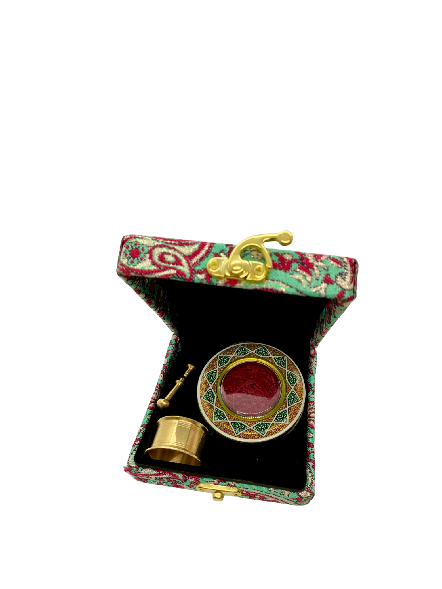 Edle Geschenkbox (rot-türkis-weiß Muster): Super Negin Safran (1g) + Mörser