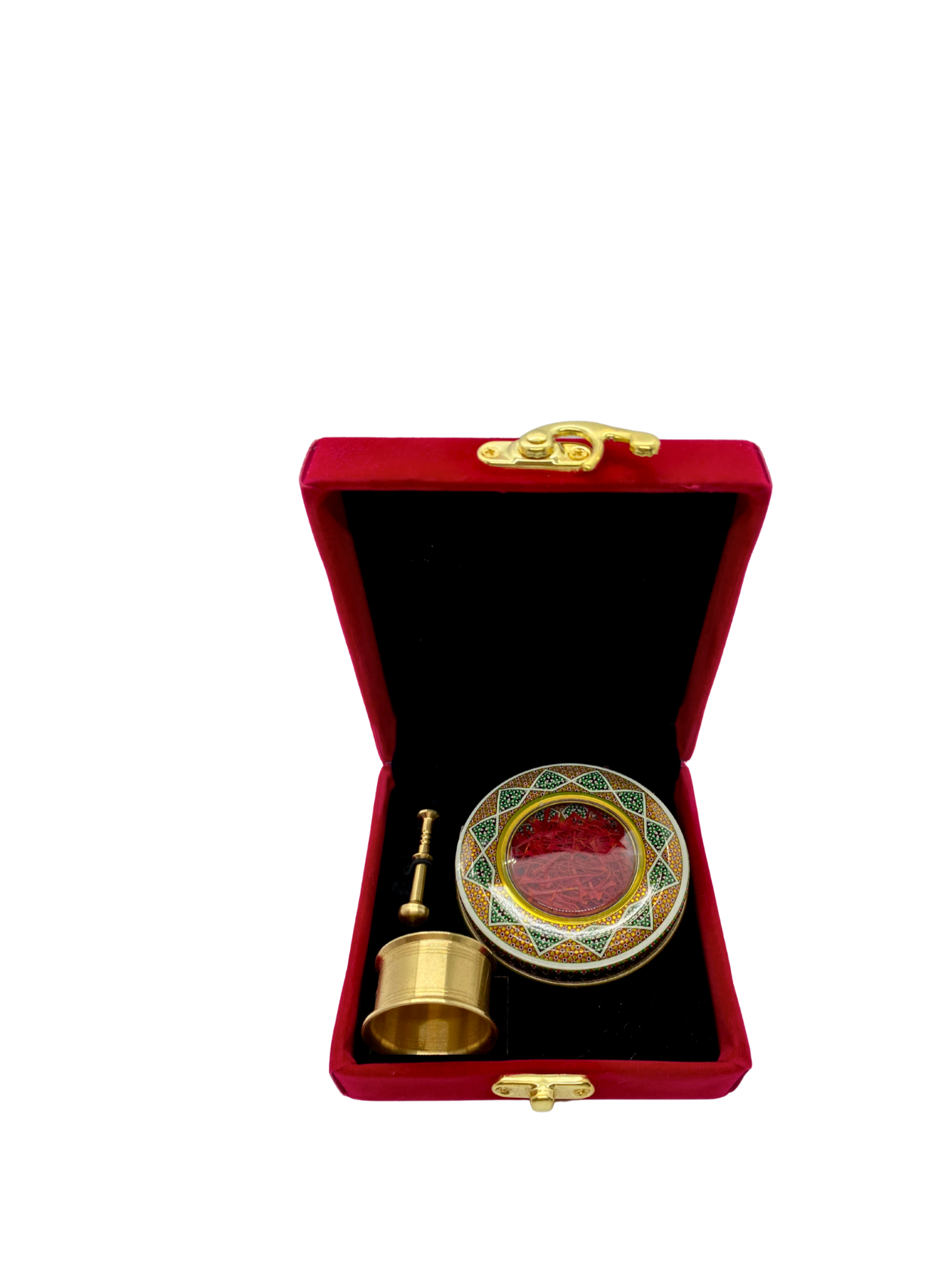 Elegant gift box (red velvet): Super Negin saffron (1g) + mortar and pestle