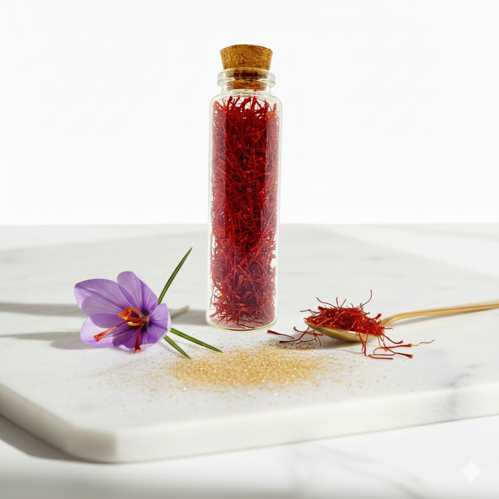 3g Glasflasche mit ganzen Safranfäden umgeben von einem Safrancrocus und einem kleinen goldenen Löffel mit Safranfäden