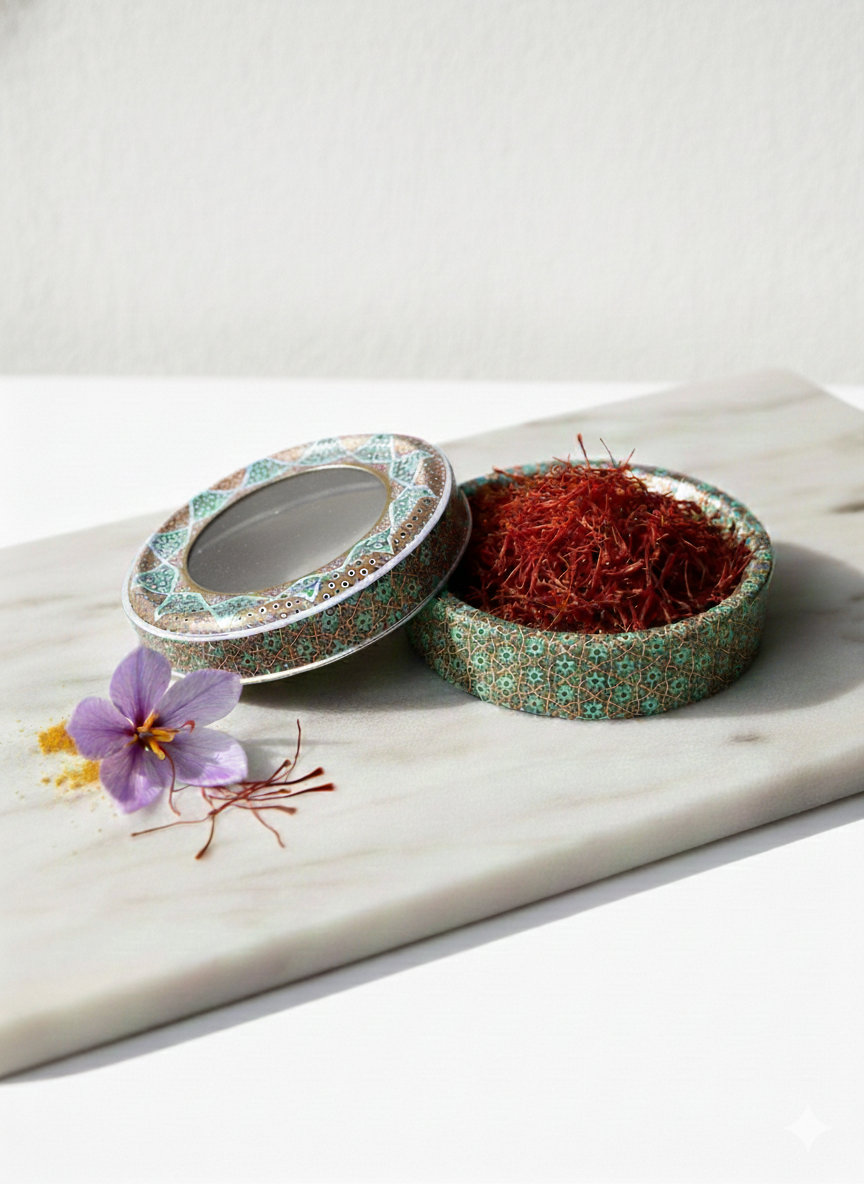 Safran Gewürz 1g in orientalischer Dose mit Safranblüte daneben auf weißem Marmor