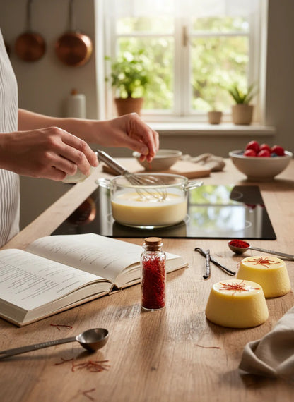 Frau kocht Panna Cotta mit Safran, dekoriert mit Safranya Safranfäden Gewürz