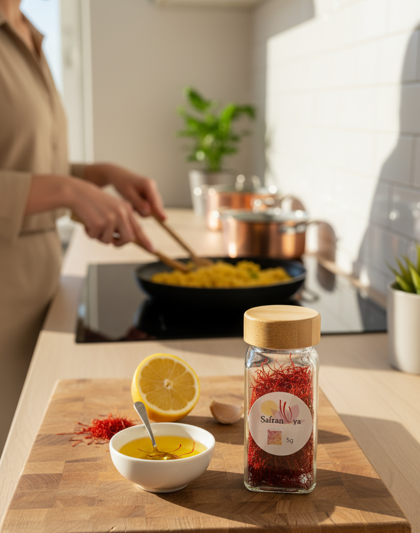 Safran in der Küche mit Gericht und Safranfäden